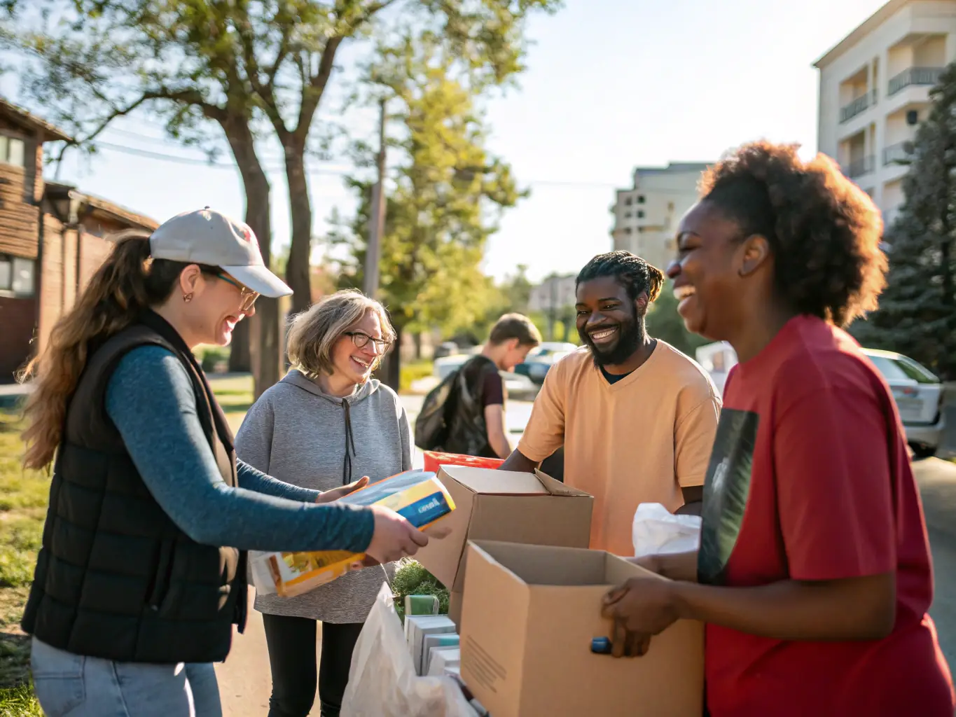 A vibrant image depicting volunteers distributing food packages at a CASCI food hygiene program, emphasizing community support and healthy eating.