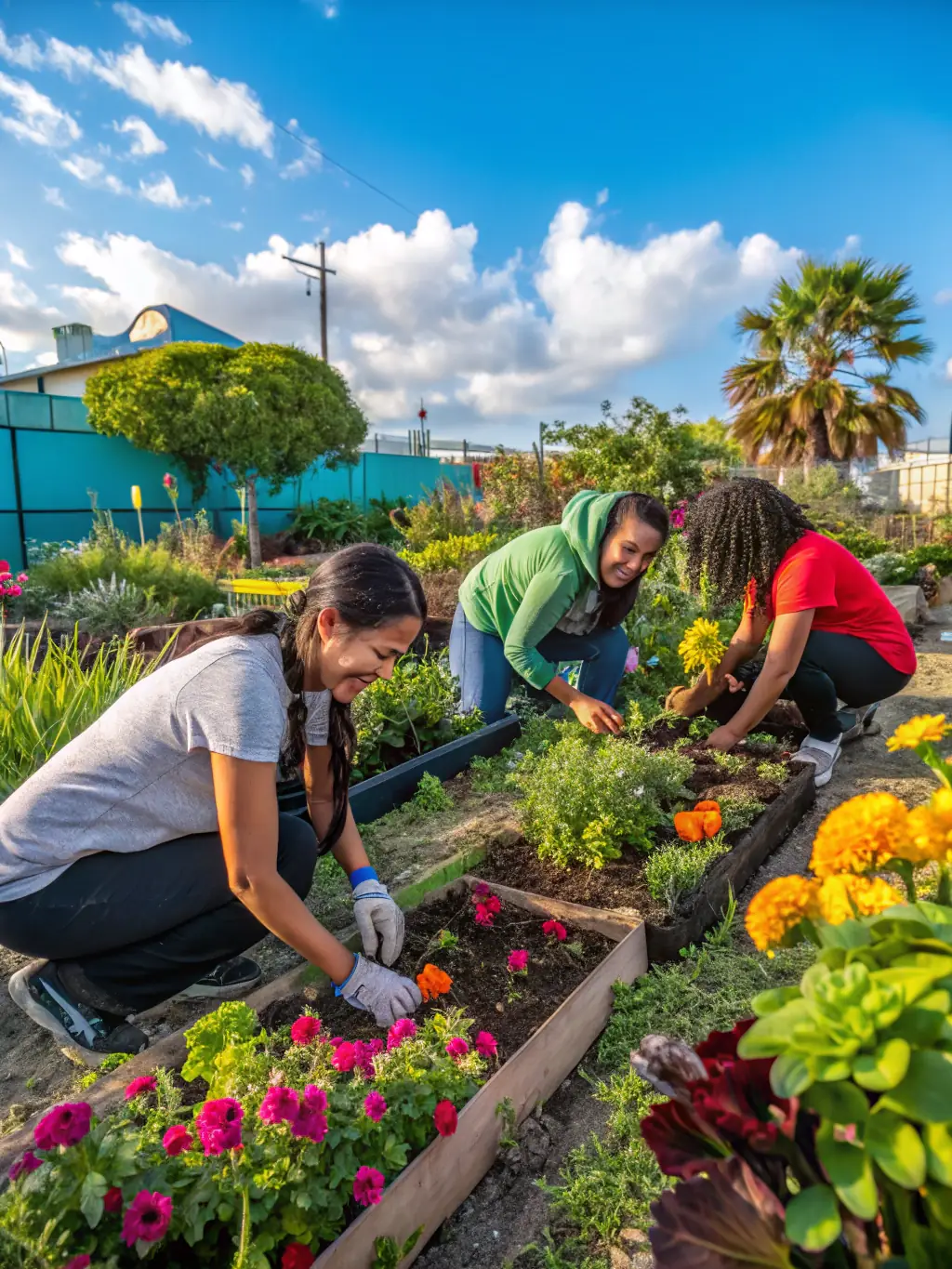 A group of diverse individuals participating in a CASCI-led community garden project, planting vegetables and flowers, symbolizing community collaboration and sustainable living.